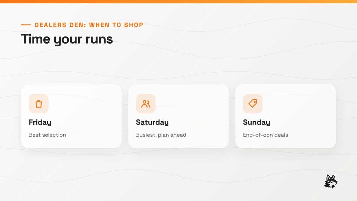 When to shop the Dealers Den: Friday for the best selection, Saturday is the busiest so plan ahead, and Sunday for end-of-con deals.