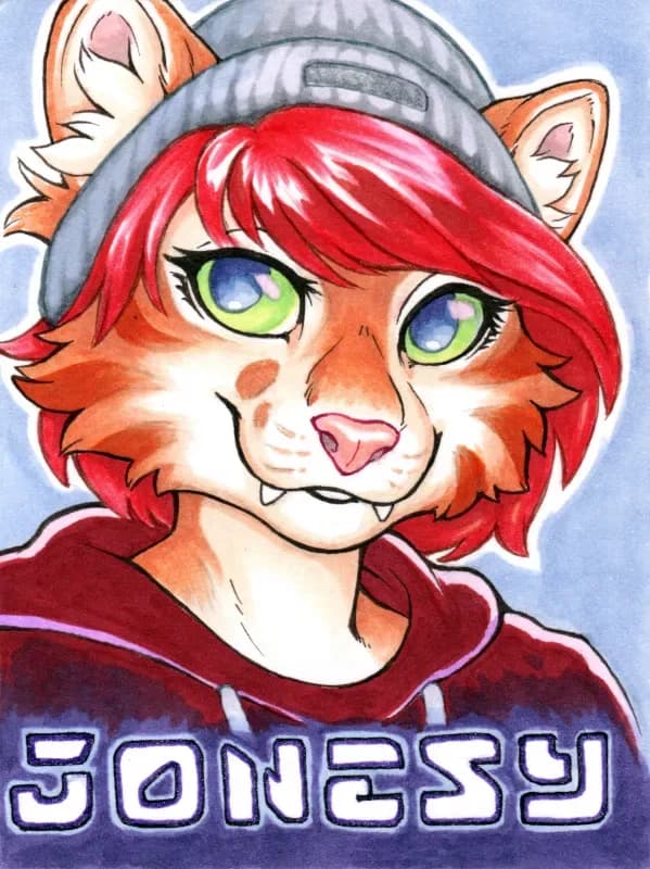 A hand-illustrated character badge for 'Jonesy', a red-haired anthro cat character in a hoodie and beanie, drawn in marker on convention-badge paper.