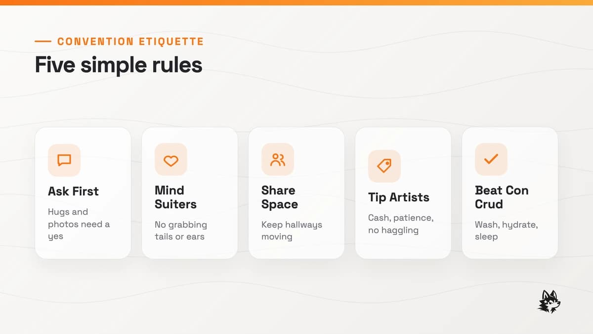 The core pillars of furry convention etiquette summarized as consent, photography manners, shared spaces, and kindness