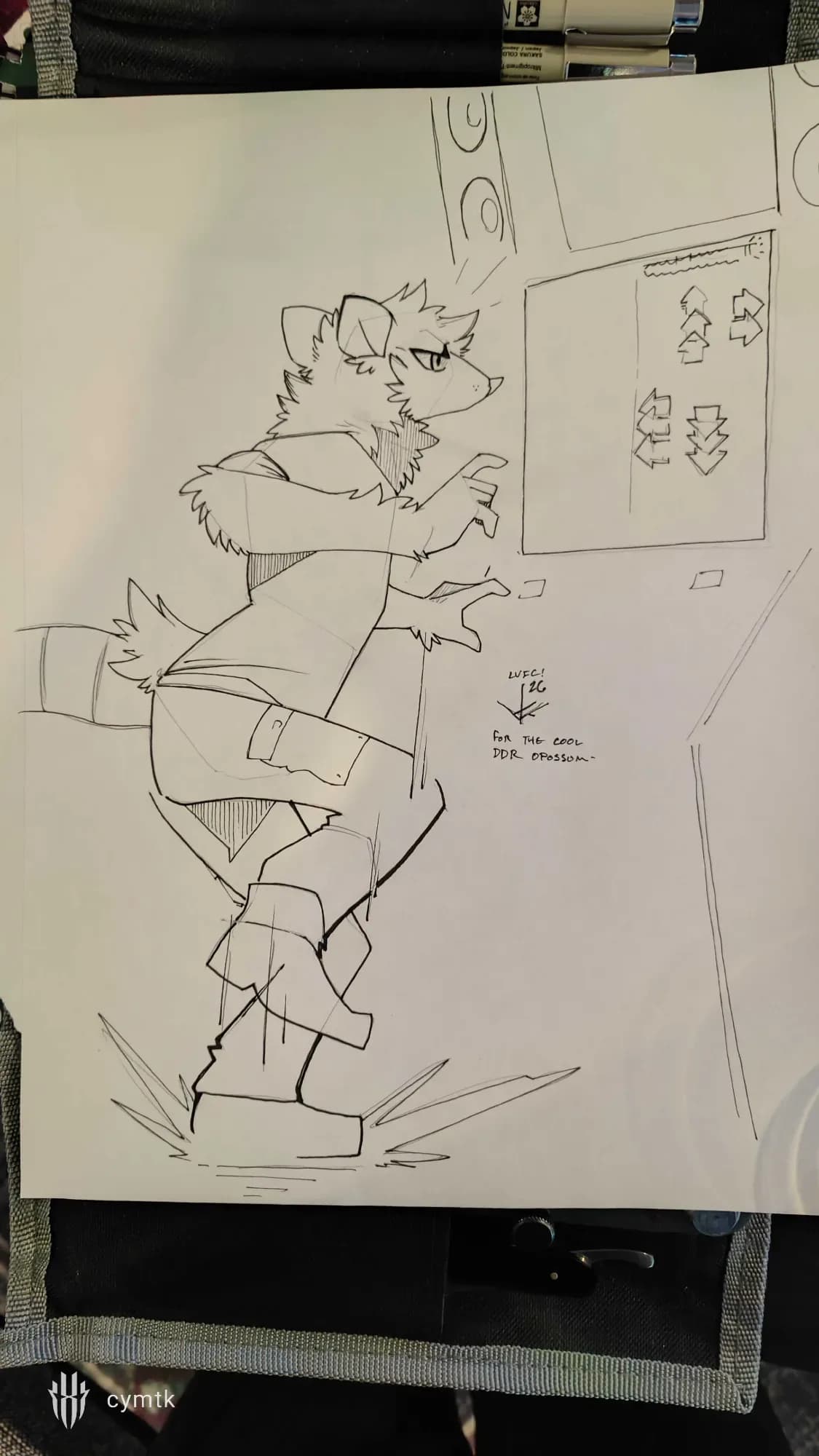 A black-and-white ink sketch of an anthro opossum character mid-DDR-stomp on a dance pad, with the inscription 'LVFC! 26 / For the cool DDR opossum' in the corner.