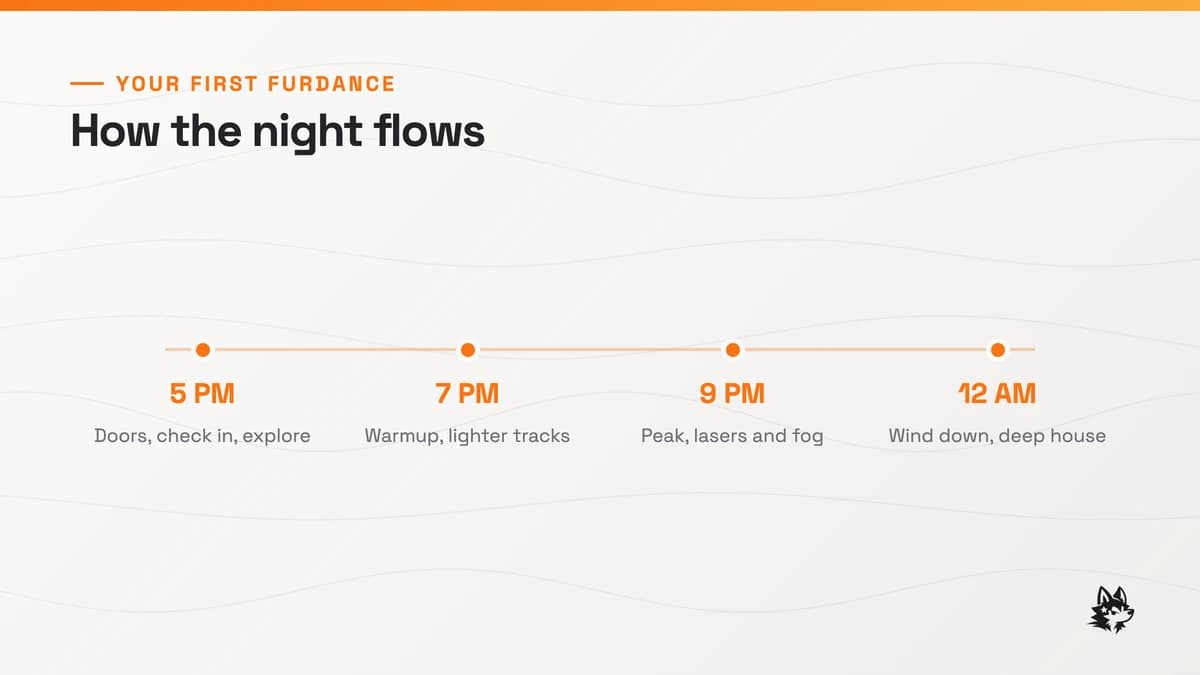 Timeline of how a typical furdance night unfolds from doors open to last song