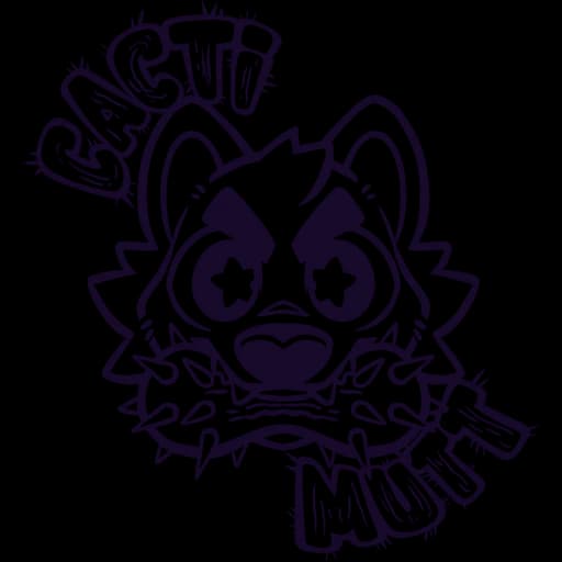 Cacti Mutt logo of a toothy dog head with star-shaped eyes biting a spiky collar between cactus-lettered words