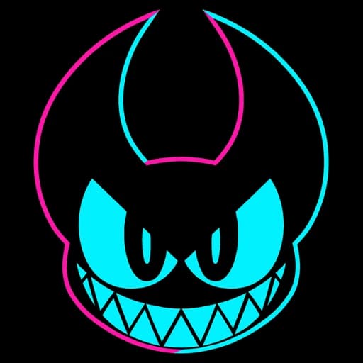 DEVILCANDY black grinning devil head emblem with cyan eyes and a pink and cyan outline