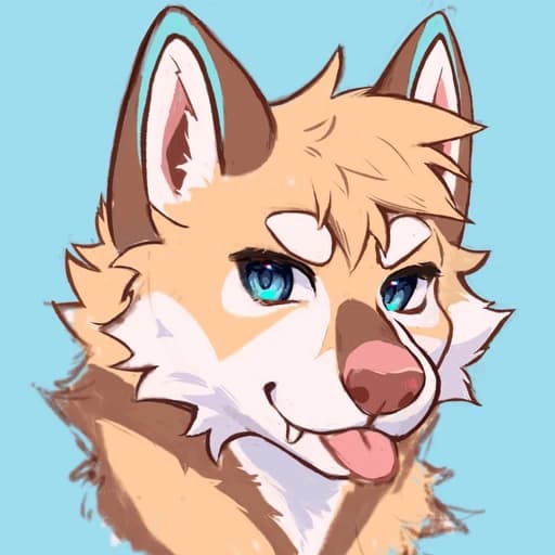 Fur and Ash avatar, a tan and white canine head with teal-lined ears on a light blue background