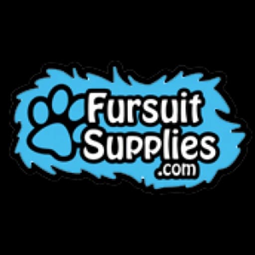 FursuitSupplies white wordmark and paw print on a bright blue faux-fur shape