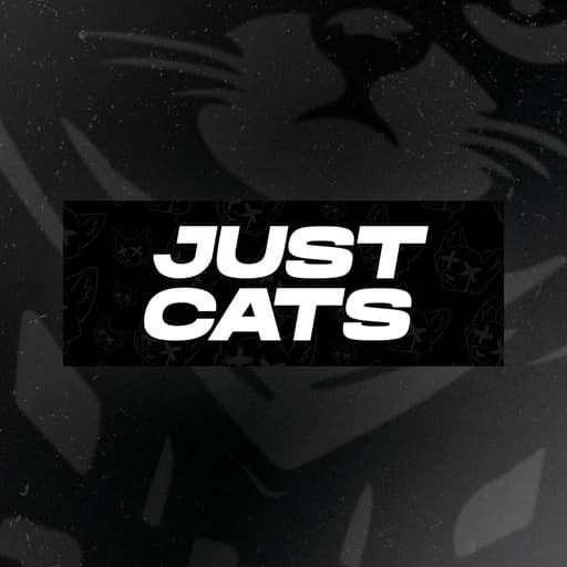 JustCats white block-letter box logo over a dark cat illustration
