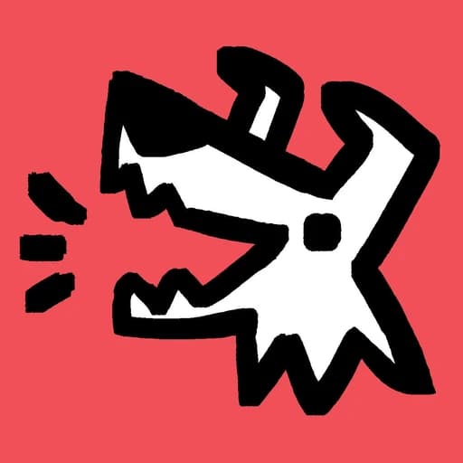 Kosse.dog barking white dog head drawn in thick black lines on a coral red square
