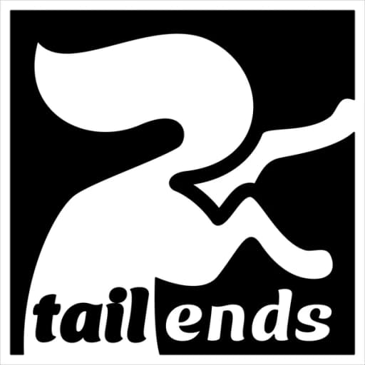 Tailends logo, a white curled animal tail over the lowercase word tailends on a black square