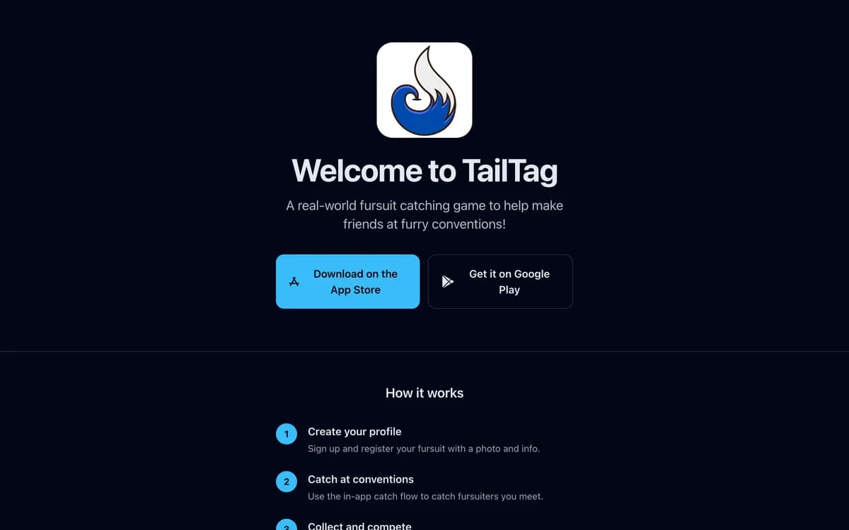 TailTag app landing page showing the fursuit-catching game