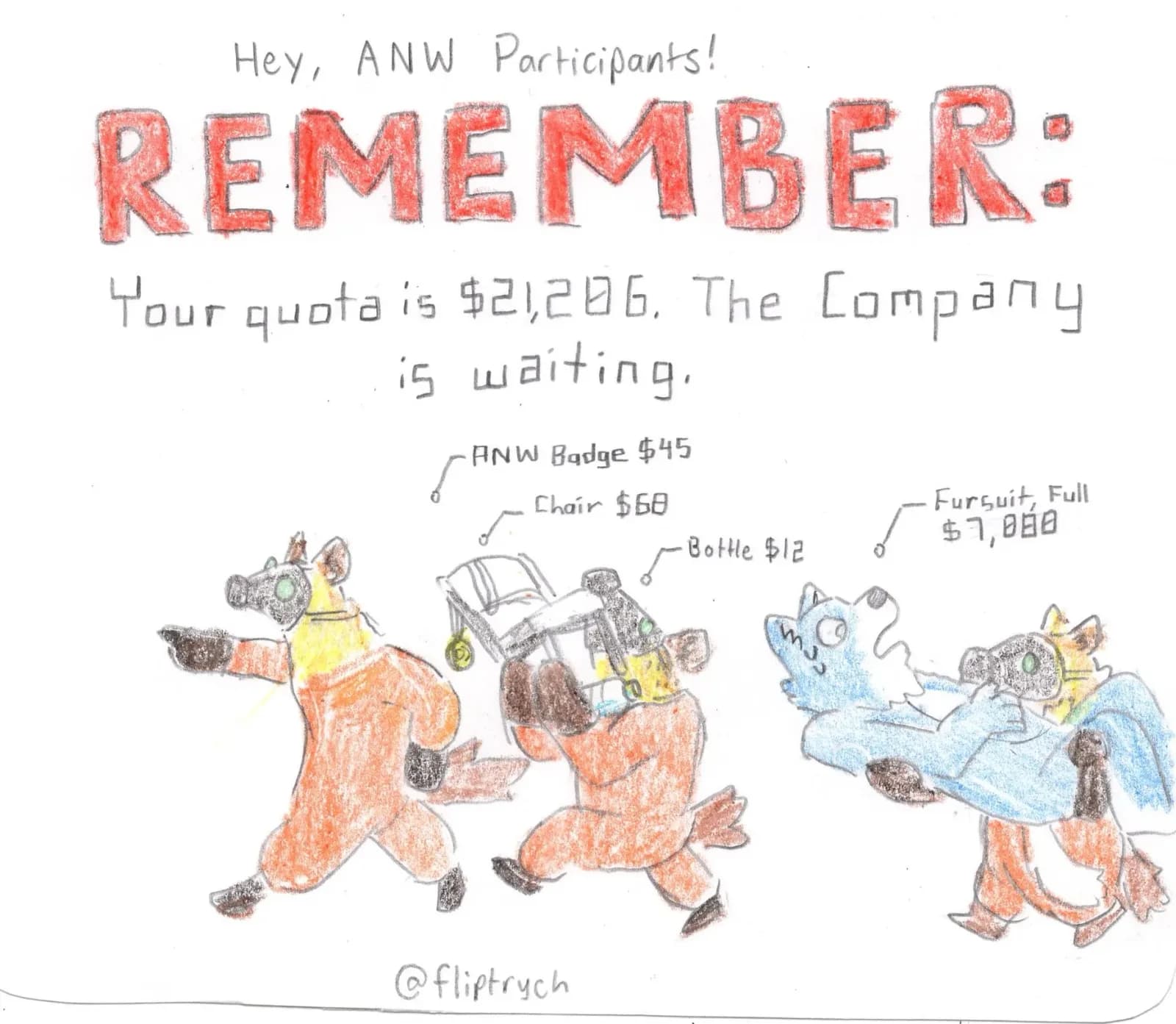 A hand-drawn community illustration from ANW 2026: three fursuiter figures sketched alongside annotated cost labels (ANW Badge $45, Chair $68, Bottle $12, Fursuit Full $7,000) under a joking 'REMEMBER: Your quota is $21,206. The Company is waiting' headline.