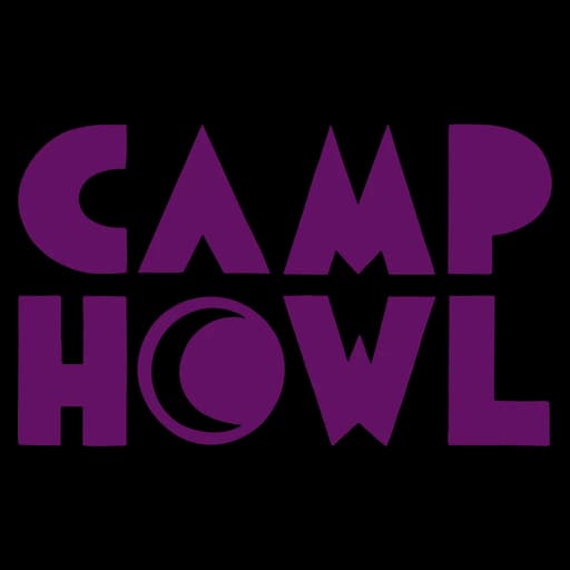 CAMP HOWL purple block-letter wordmark with a crescent moon in the O