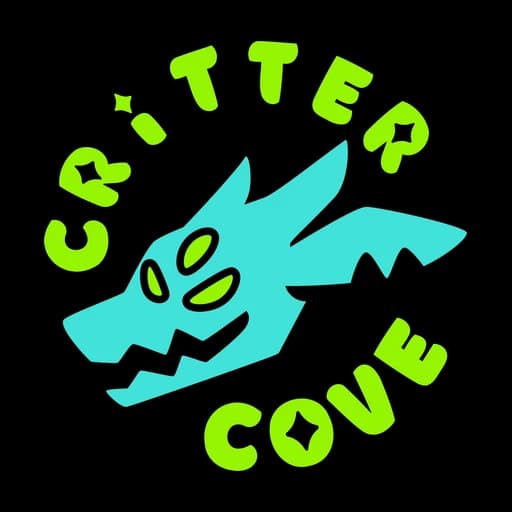 Critter Cove logo of a turquoise dragon head with lime green eyes inside arched lime green lettering, on a black backing