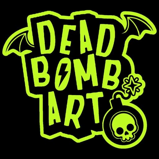Dead Bomb Art lime-green stacked wordmark with bat wings and a skull bomb