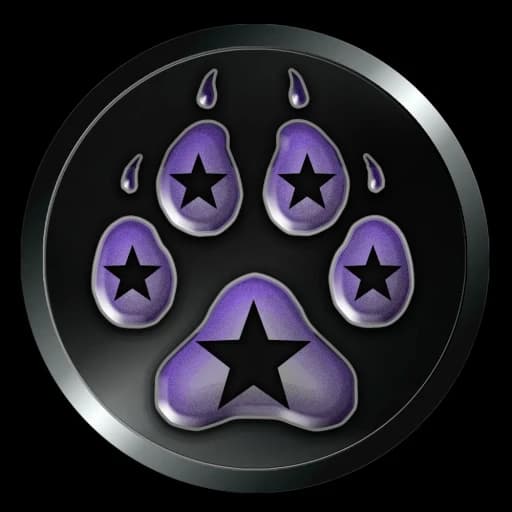 Pawstar emblem of a purple paw print with black stars inside a dark metallic ring