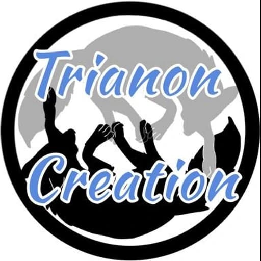 Trianon Creation blue lettering over a circular black and gray animal emblem