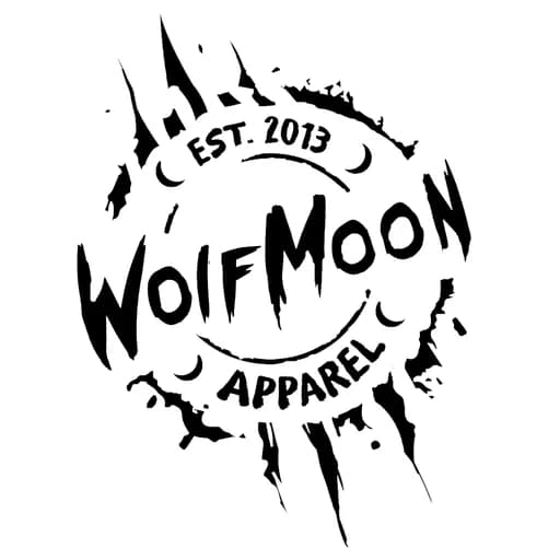 Wolf Moon Apparel black circular wordmark with claw marks and crescent moons